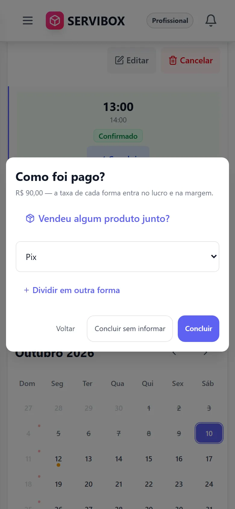 Janela Como foi pago, para escolher Pix, dinheiro ou cartão