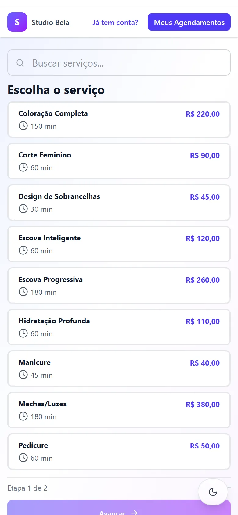 Página de agendamento online no celular, com os serviços e os preços