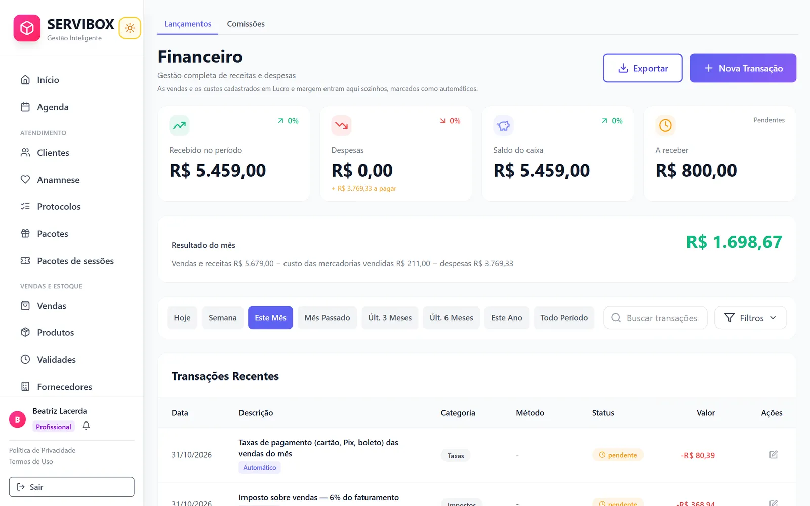 Financeiro do Servibox com o recebido, as despesas, o saldo e o que falta receber